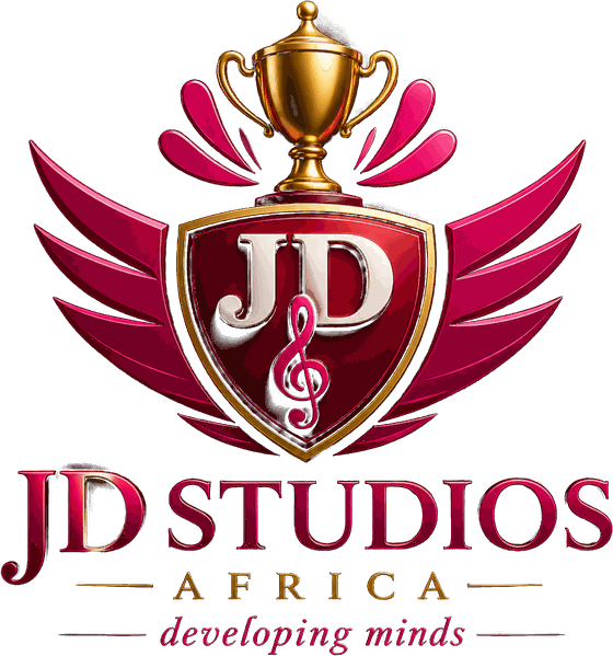 JD STUDIOS AFRICA logo: a winged shield with a trophy and treble clef, and the words developing minds